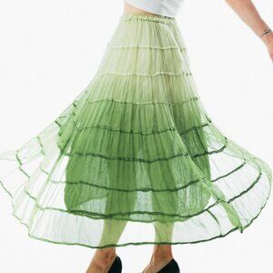 Summer Elastic Waist green midi Skirt Cotton Casual Loose Skirts A-line Pleat